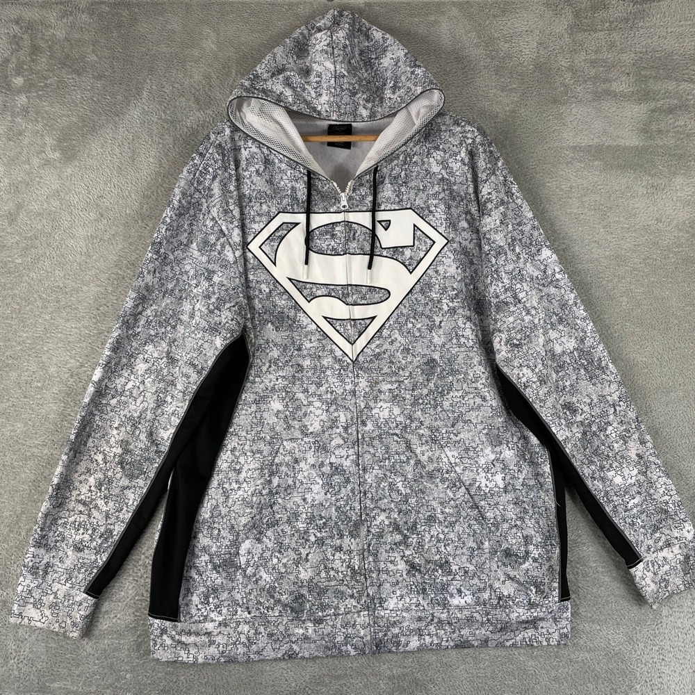Superman Hoodie Mens 2XL White Digital Camo Glitch Y2K DC Comics Superhero Zip